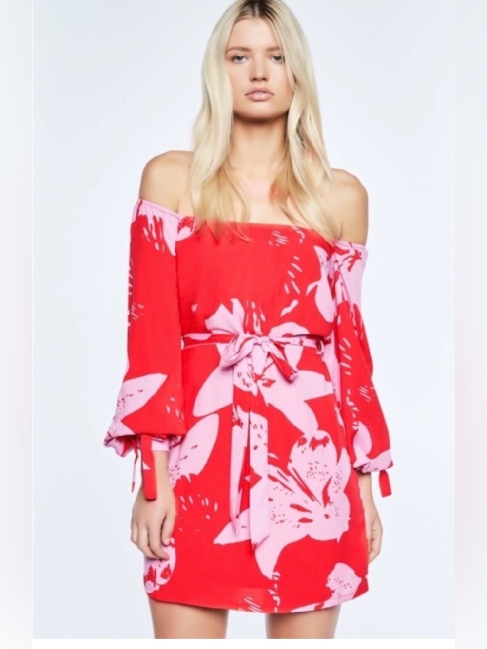 Bardot Dariela Red & Pink Floral Long Sleeve Tie-Waist Mini Dress